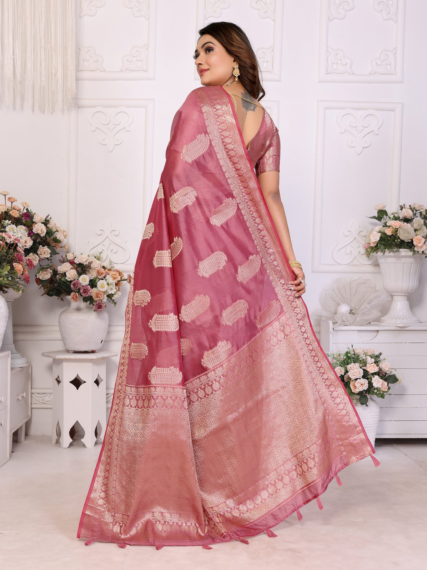 Peach Color Premium And Superior Soft Organza Silk Banarasi Saree Butta With Unique Colour
