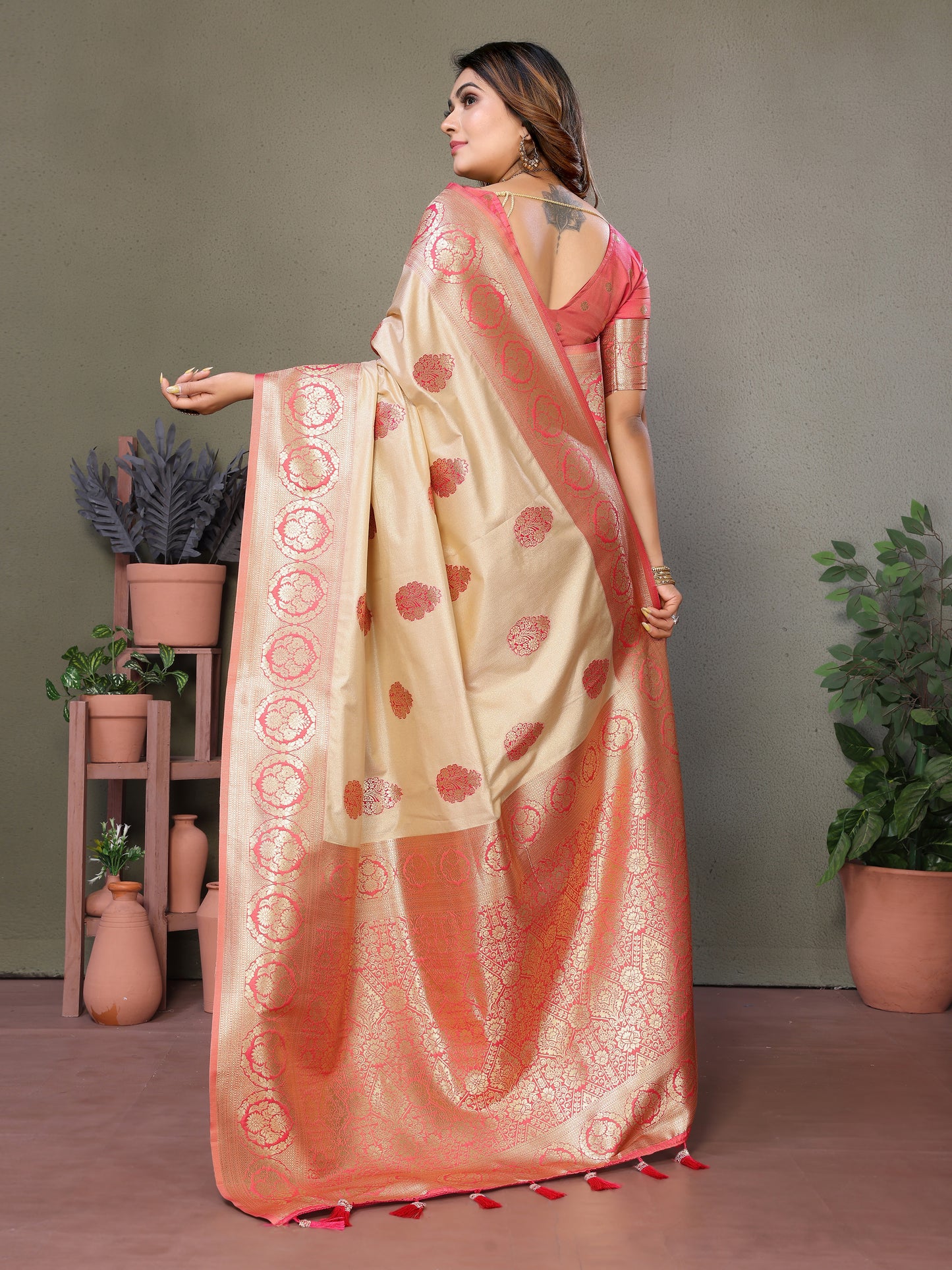 Pink Jugani Viscose silky sarees that are soft and with all over weaving butties in the body