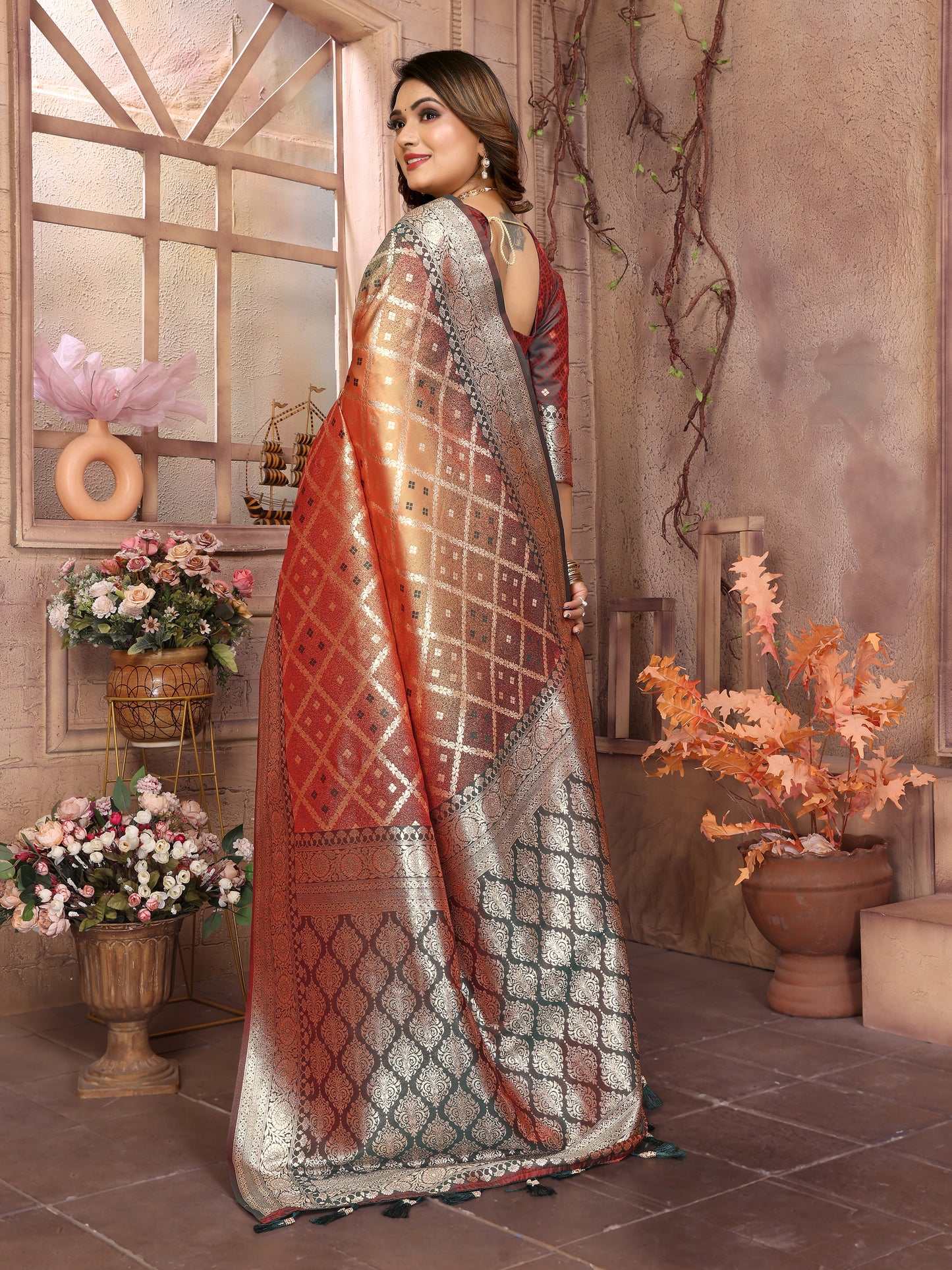 Beige Kundan kochi silk saree with beautiful Checks weaving exclusive work soft comfy