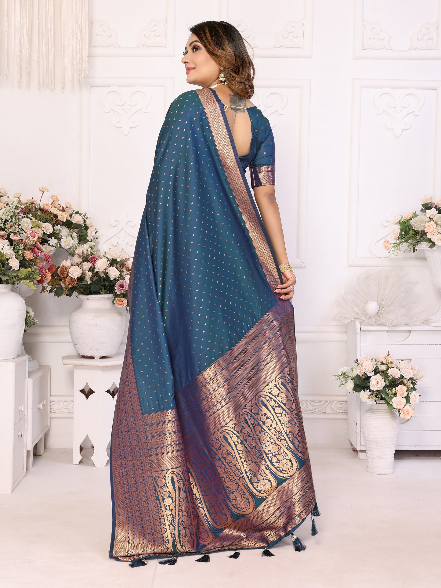 Teal-Blue Sudarshna Soft Silk Saree With light weight sarees with all over weaving butties