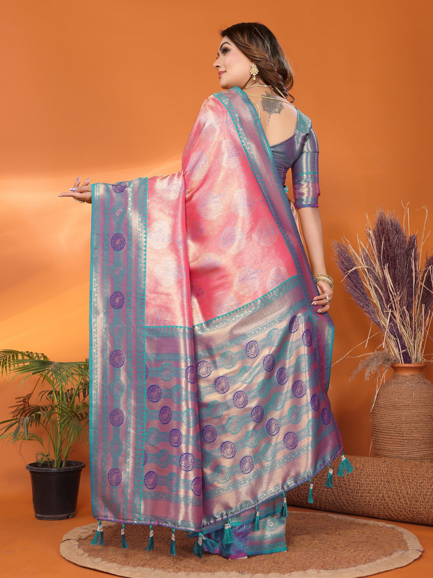 Pink Sonali banarasi tissue silk sarees with all over weaving butties