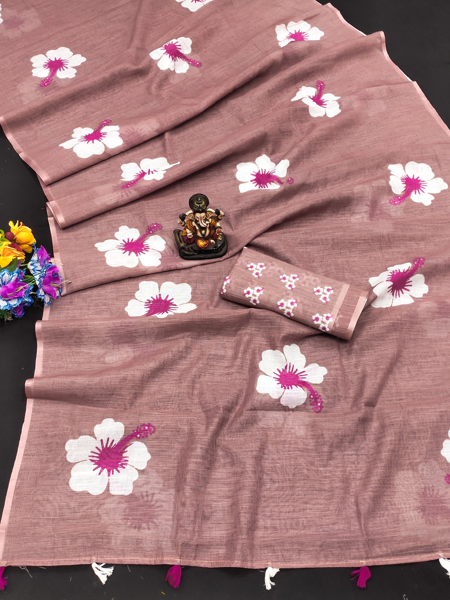 bridge Soft Linen Cotton Silk Sarees CHAMPA Jasud Flower Print