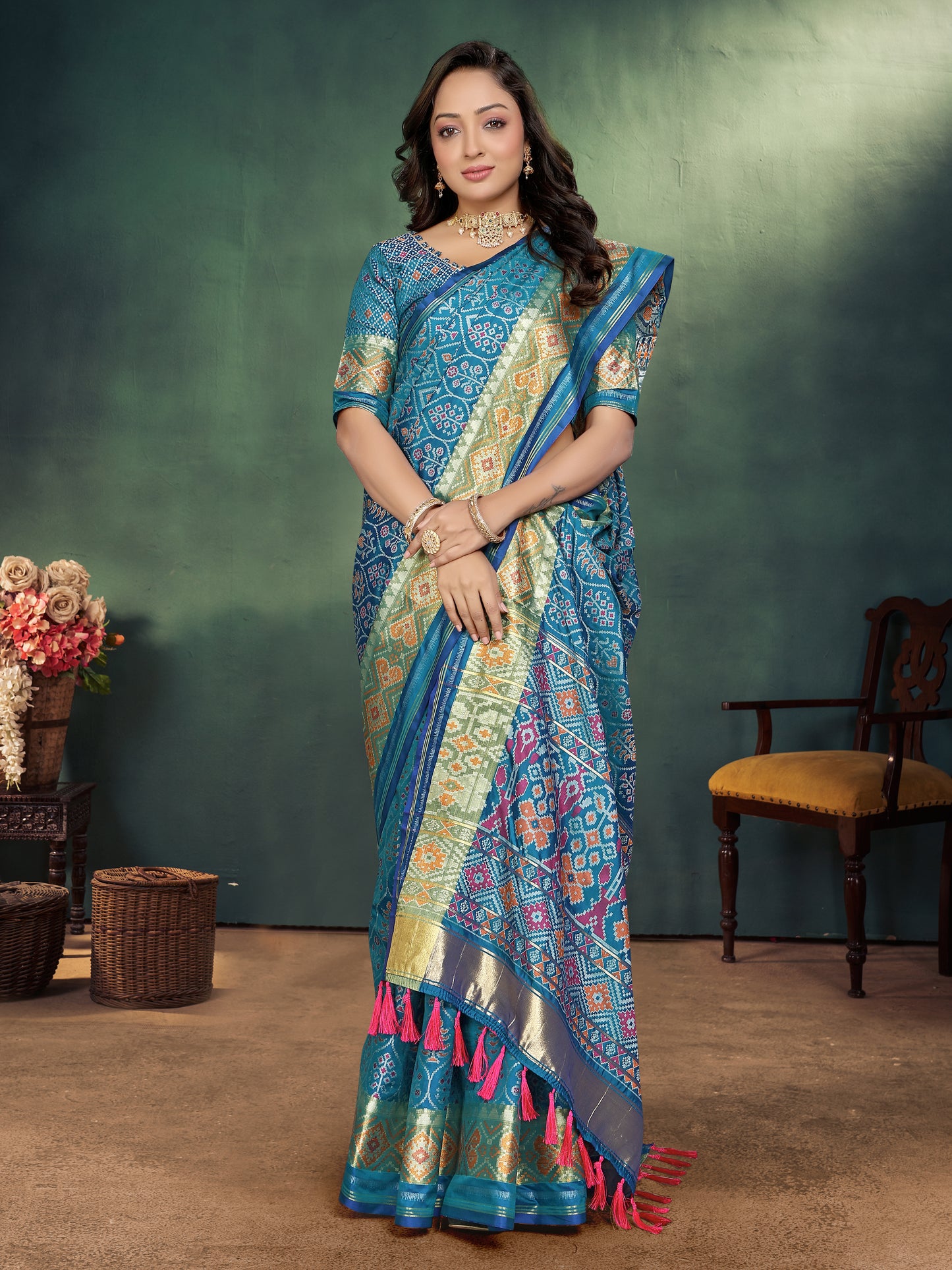 Sky Color Dazzling Handloom Silk Saree Ikkat Patola Saree With Kanchi Zari Border