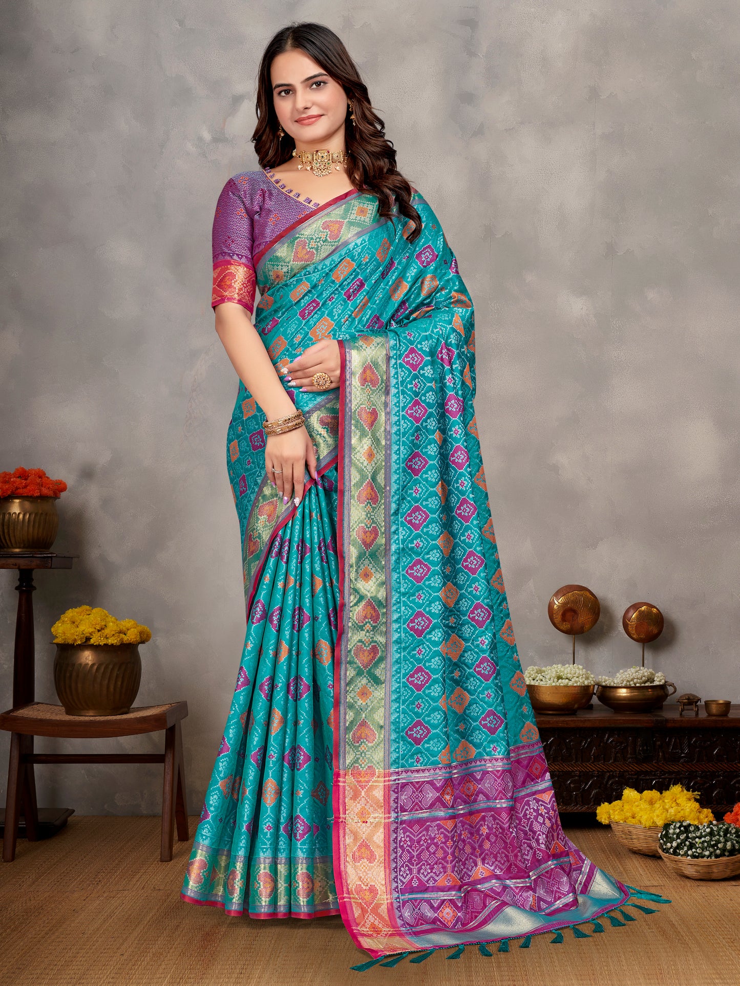 Sky Color Pure Handloom Silk Ikkat Patola Saree With Kanchi Border