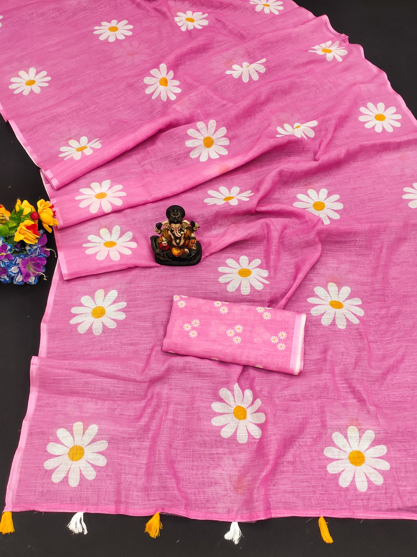 Pink Soft Linen Cotton Silk Sarees CHAMPA Flower Print
