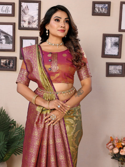 Green Hema Banarasi tissue silk sarees with Meenkari woven borders