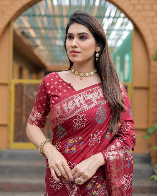 कांची बुनाई बॉर्डर के साथ मैरून मस्तानी सॉफ्ट डोला सिल्क बंधेज प्रिंट साड़ी