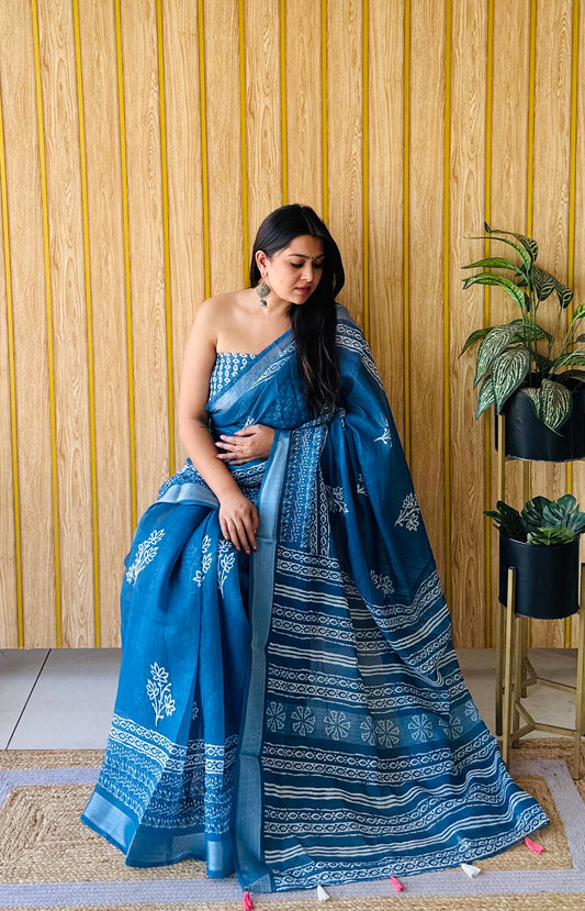 Blue Color Exclusive Quality Beautiful Soft Linen Cotton Digital Print Saree
