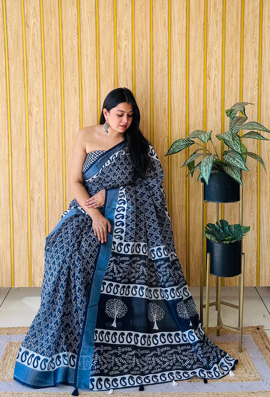 Navy Blue Color Soft Linen Cotton Digital Print Saree Very Premium And Rich Quality