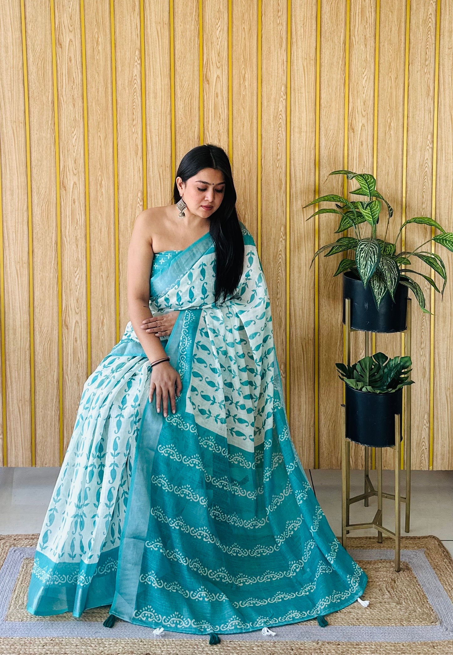 Sea Green Color Soft Linen Cotton Digital Print Saree Very Premium And Rich Quality