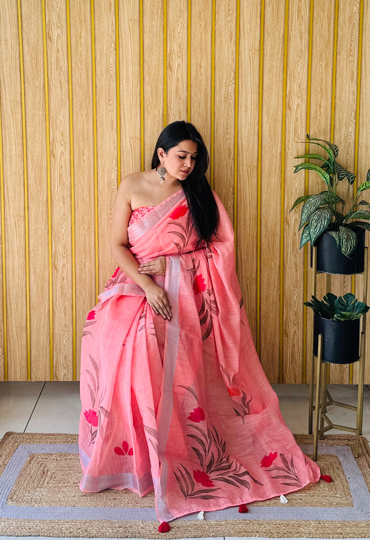 Peach Color Premium Quality Soft Linen Cotton Digital Print Saree With Silver Border