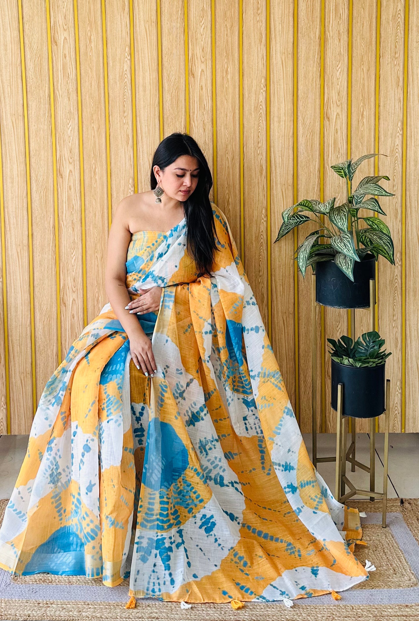 Yellow Color Soft Linen Cotton Digital Print Saree Very Premium And Rich Quality