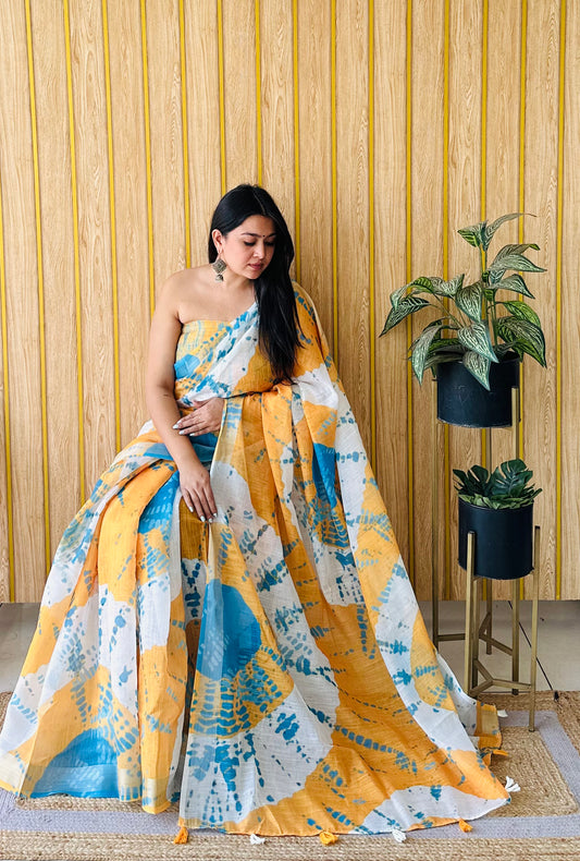 Yellow Color Soft Linen Cotton Digital Print Saree Very Premium And Rich Quality