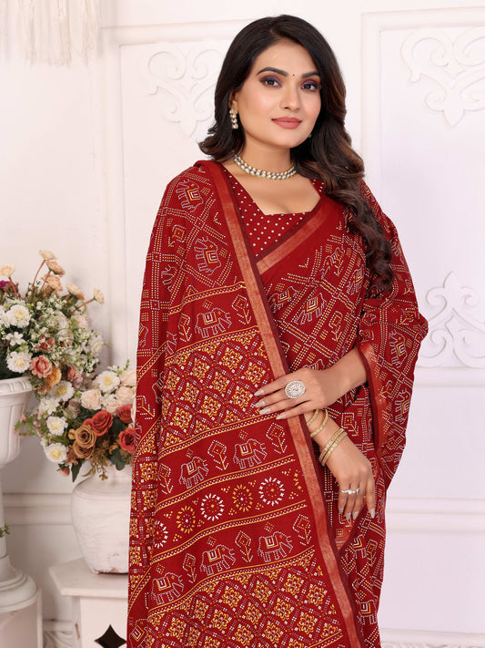 लाल अंबिका शुद्ध पटोला और बंधेज पैटर्न नरम सूती हल्के वजन की साड़ी