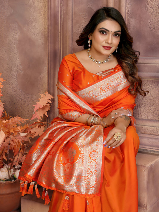 Orange Rani Banarasi silk saree with beautiful Gala weaving exclusive work soft comfy