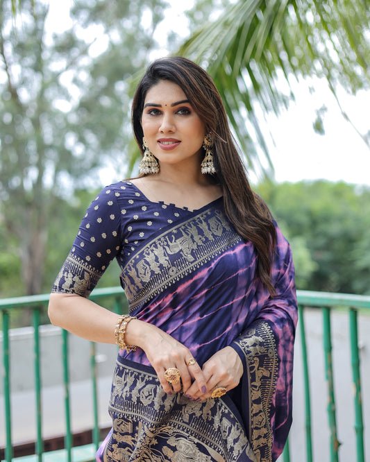 बैंगनी रंग प्रीमियम और उच्च गुणवत्ता, नरम डोला सिल्क साड़ी के साथ आरामदायक सिबोरी काम