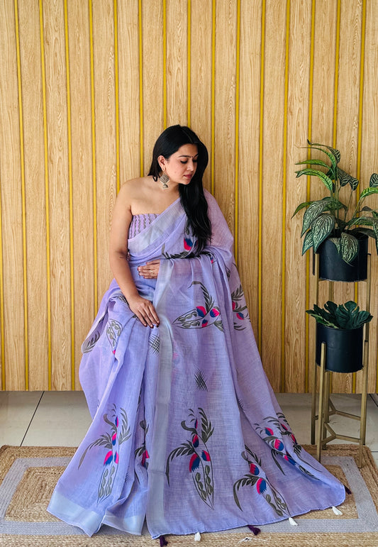 Light Purple Exclusive Wedding Soft Linen Cotton Digital Print Saree With Silver Border