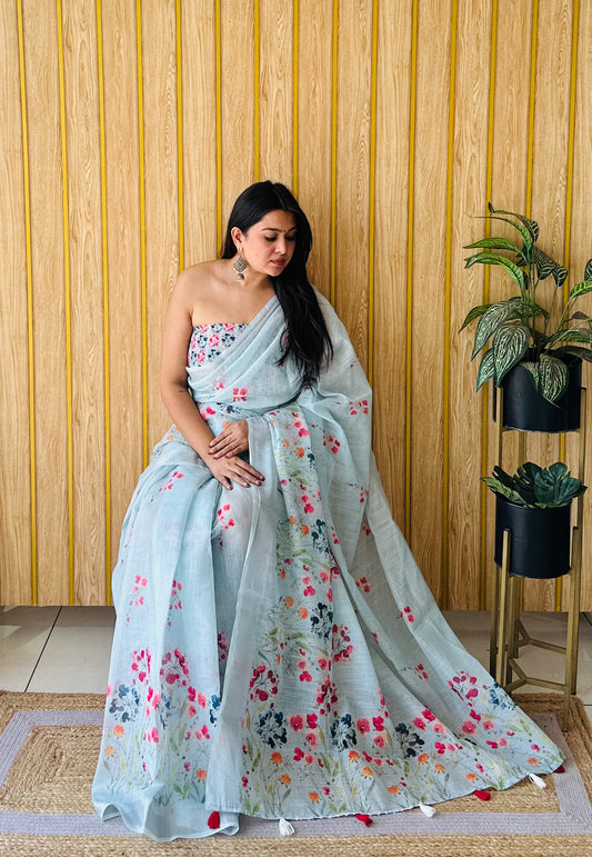 Sea Green Color Premium Quality Beautiful Soft Linen Cotton Digital Print Saree