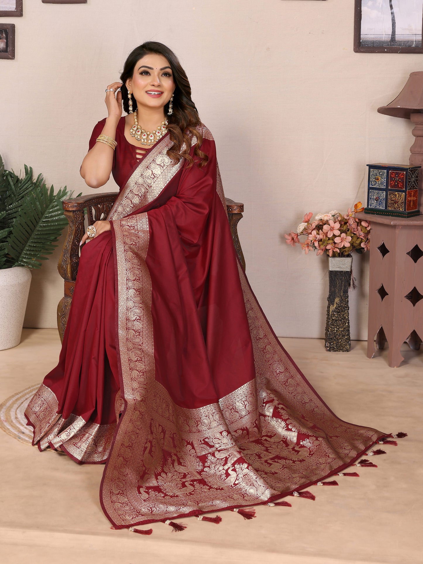 Maroon Ruby Banarasi silk saree with beautiful Gala weaving exclusive work soft comfy