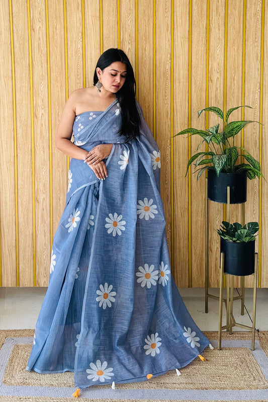 dark Grey Soft Linen Cotton Silk Sarees CHAMPA Flower Print