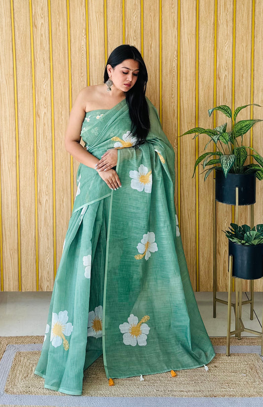 Green Soft Linen Cotton Silk Sarees CHAMPA Jasud Flower Print
