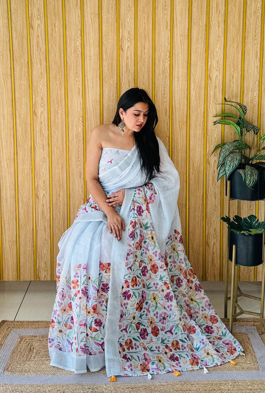 We Brought Exclusive Wedding Soft Linen Cotton Digital Print Saree With Silver Border