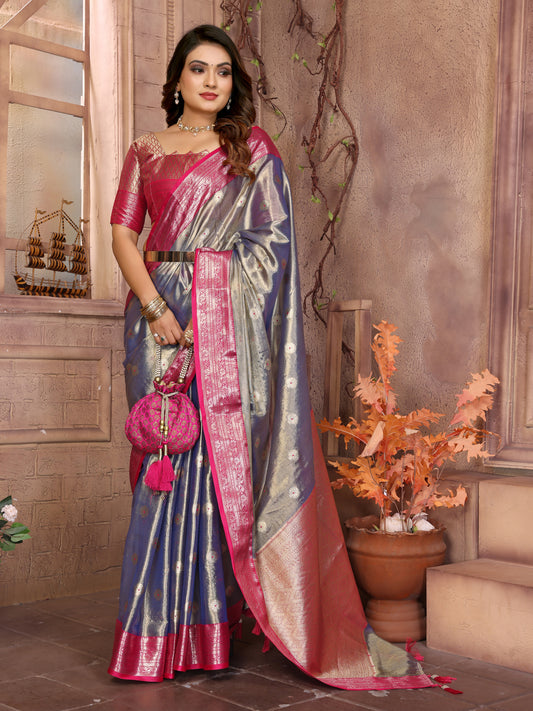 Gray Anita Handloom Tissue Silk Sarees with all over Zari Weaving Designs