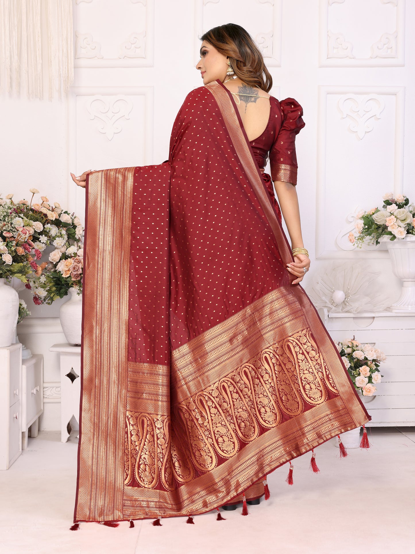 Maroon Sudarshna Soft Silk Saree With light weight sarees with all over weaving butties