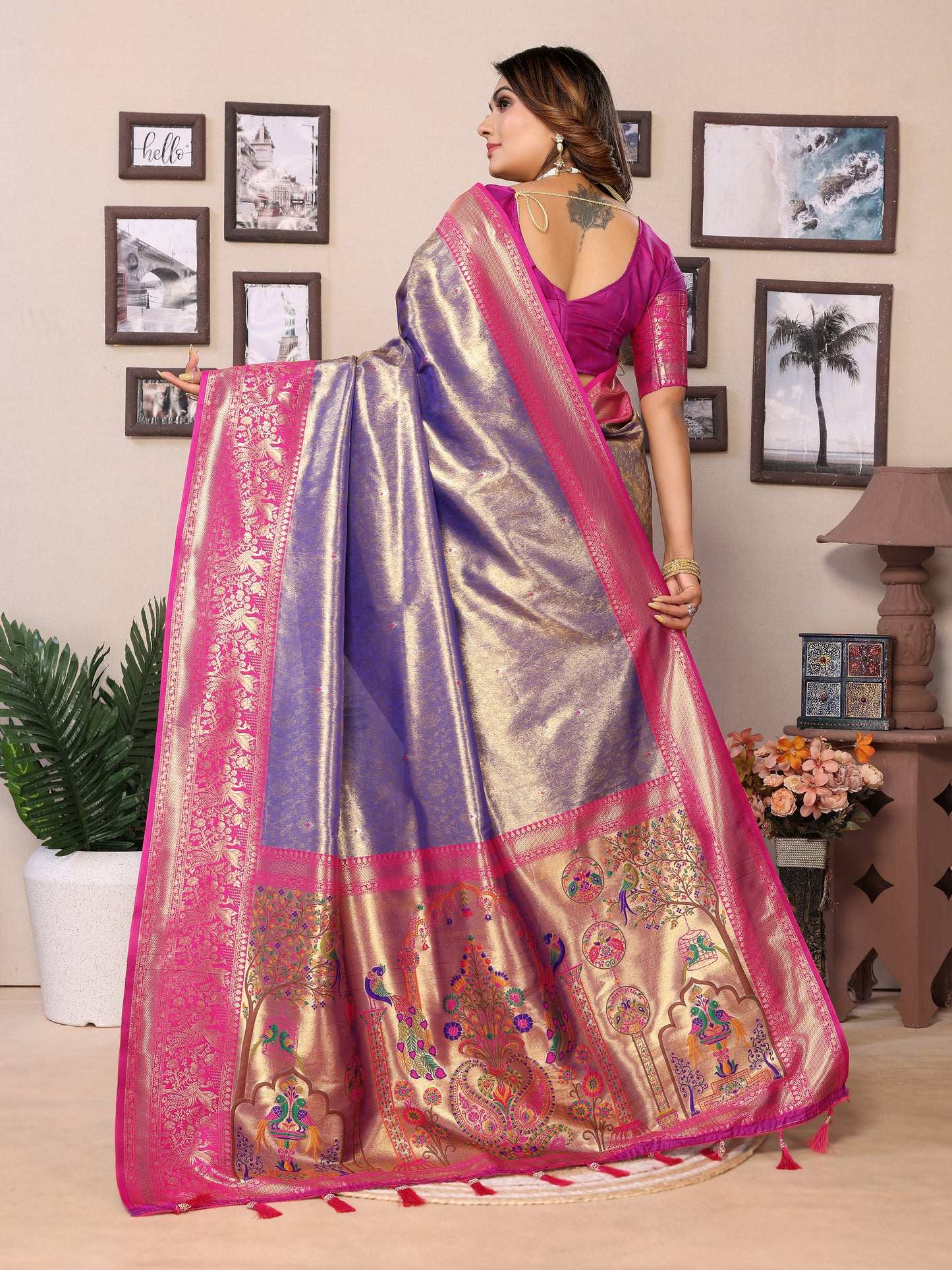 Blue Color Presenting Pure Banarasi Tissue Silk Saree With Paithani Border