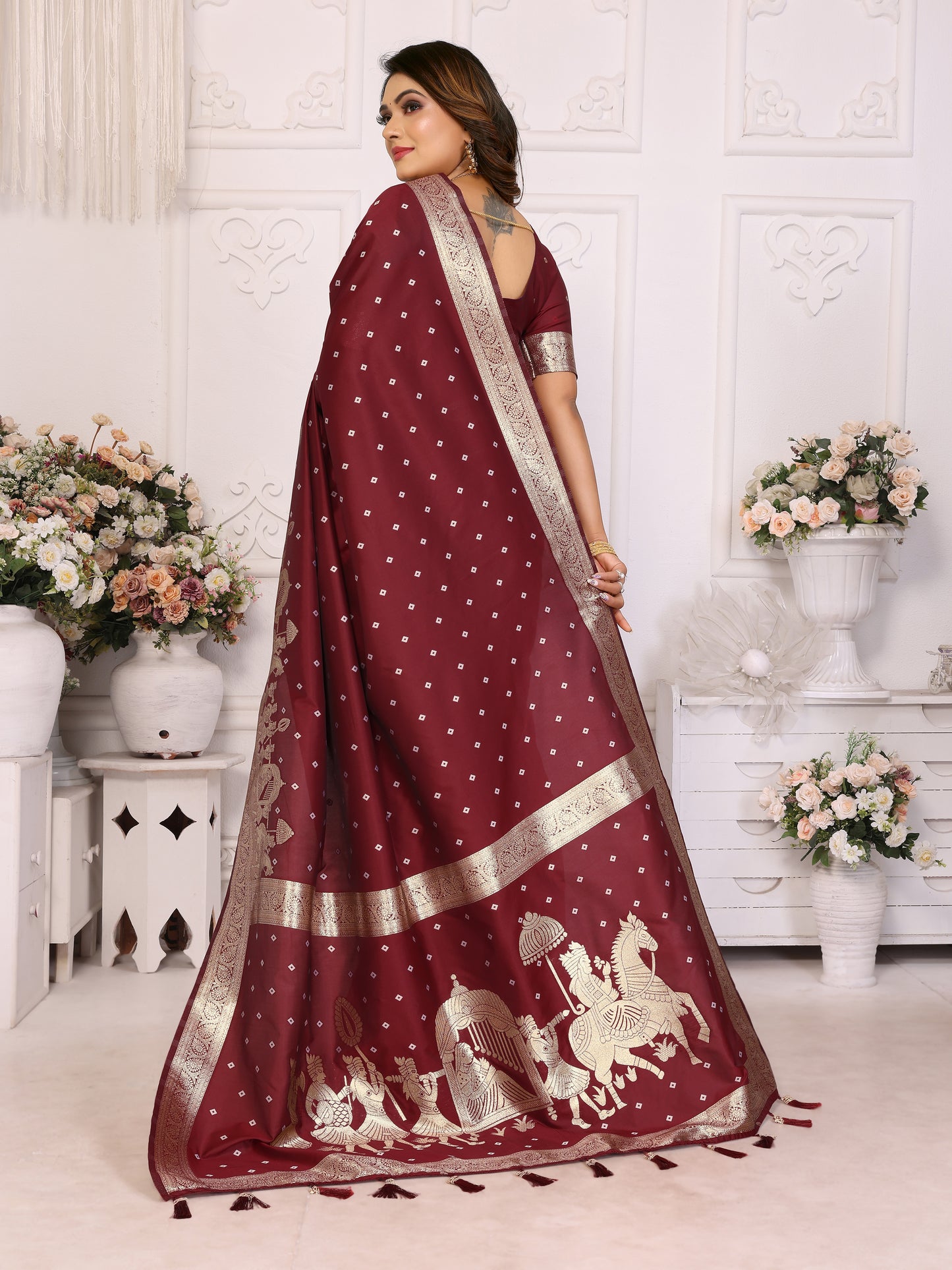 Maroon Heena kochi silk saree with beautiful Bandhej weaving exclusive work soft