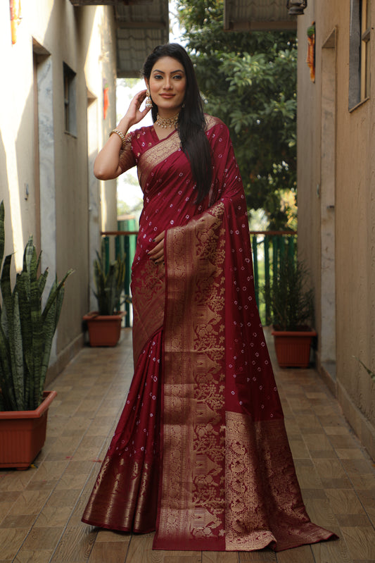 Maroon Suvarna Bandhej Kanjivaram silk saree with Zari Weaving Rich Pallu
