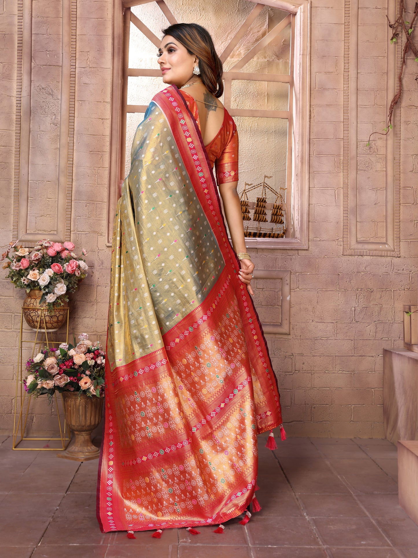 Red Color Banarasi Tissue Silk Saree With Weaving Butties