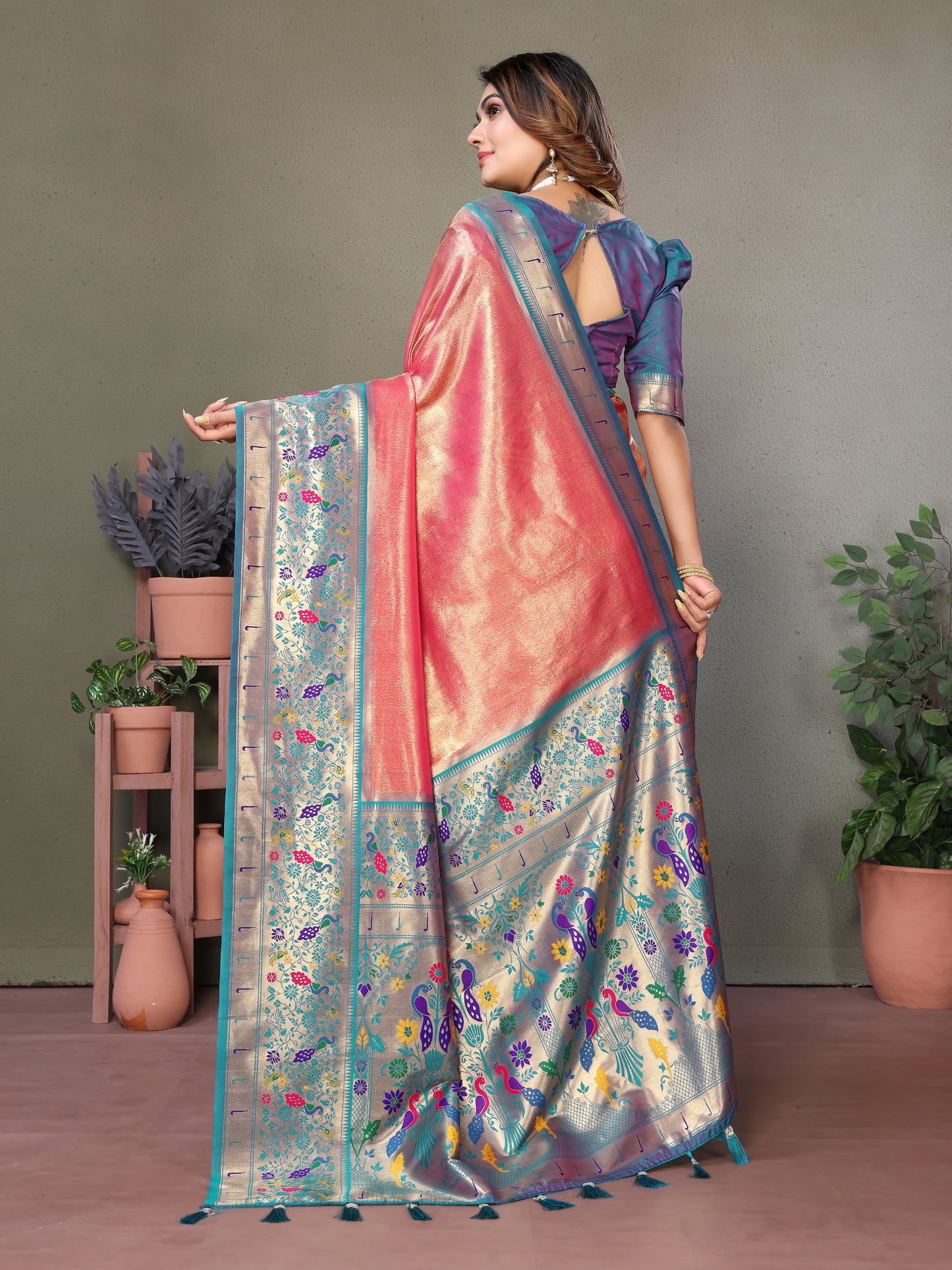 Peach Mrudangi pure banarasi tissue silk sarees With weaving butties