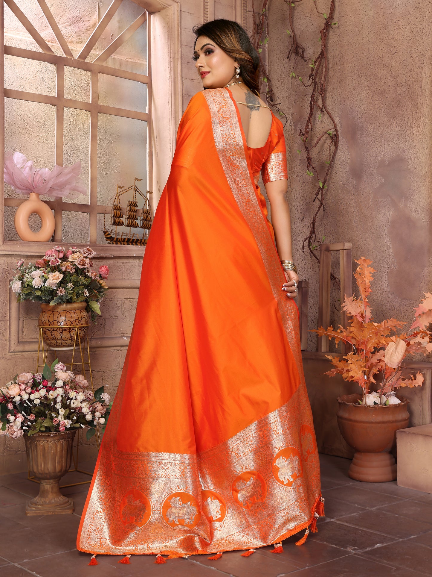 Orange Rani Banarasi silk saree with beautiful Gala weaving exclusive work soft comfy