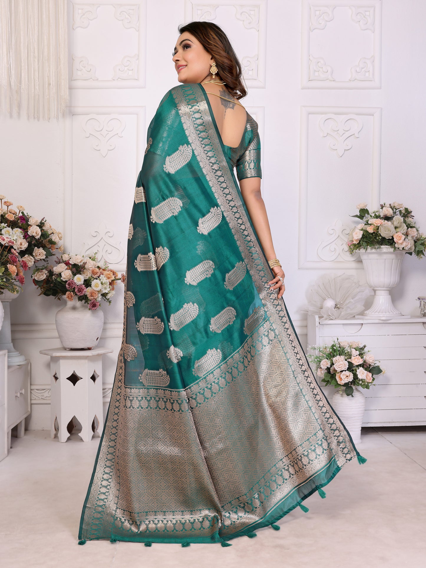 Teal Color Premium And Superior Soft Organza Silk Banarasi Saree Butta With Unique Colour