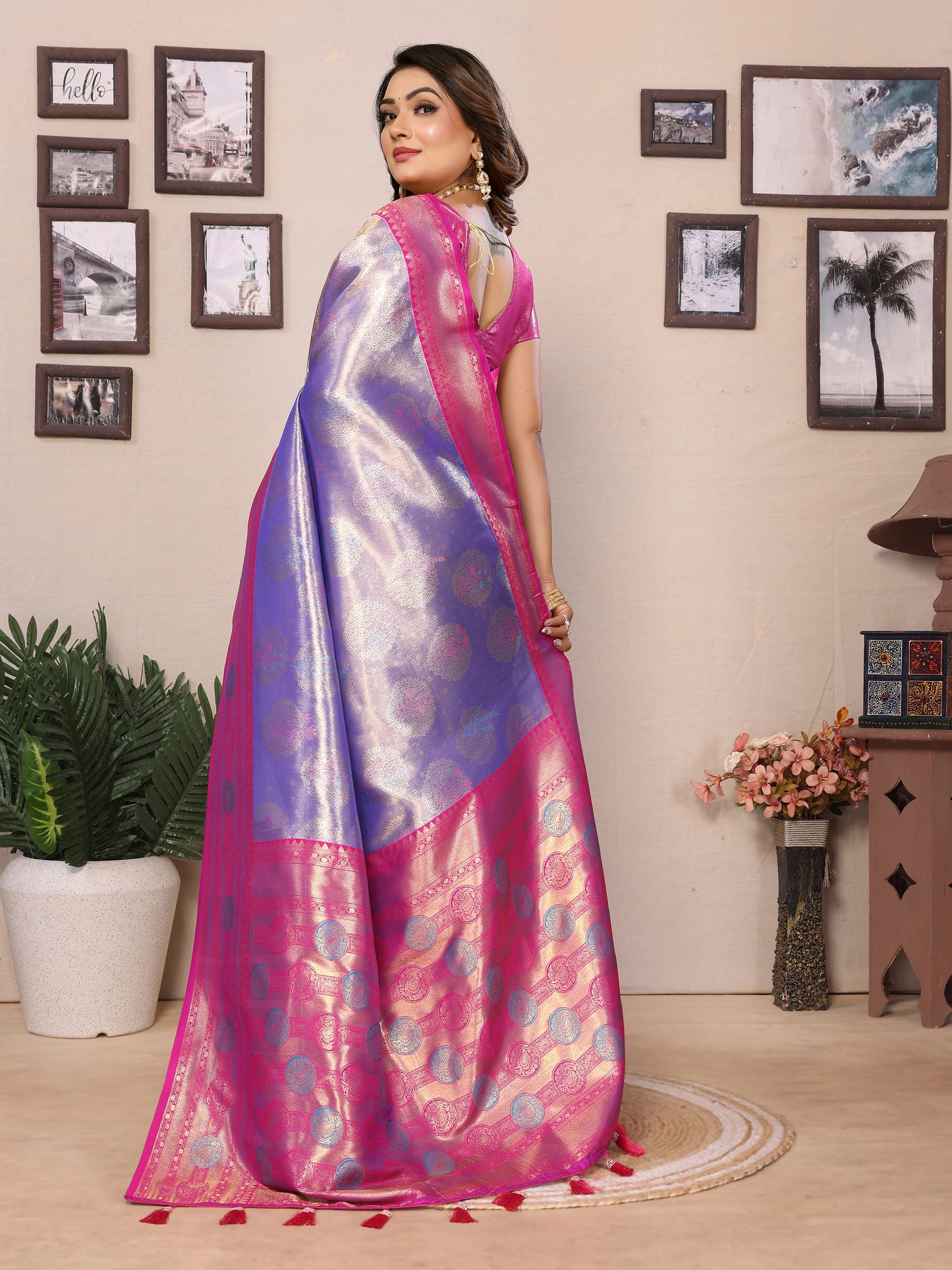 Purple Sonali banarasi tissue silk sarees with all over weaving butties