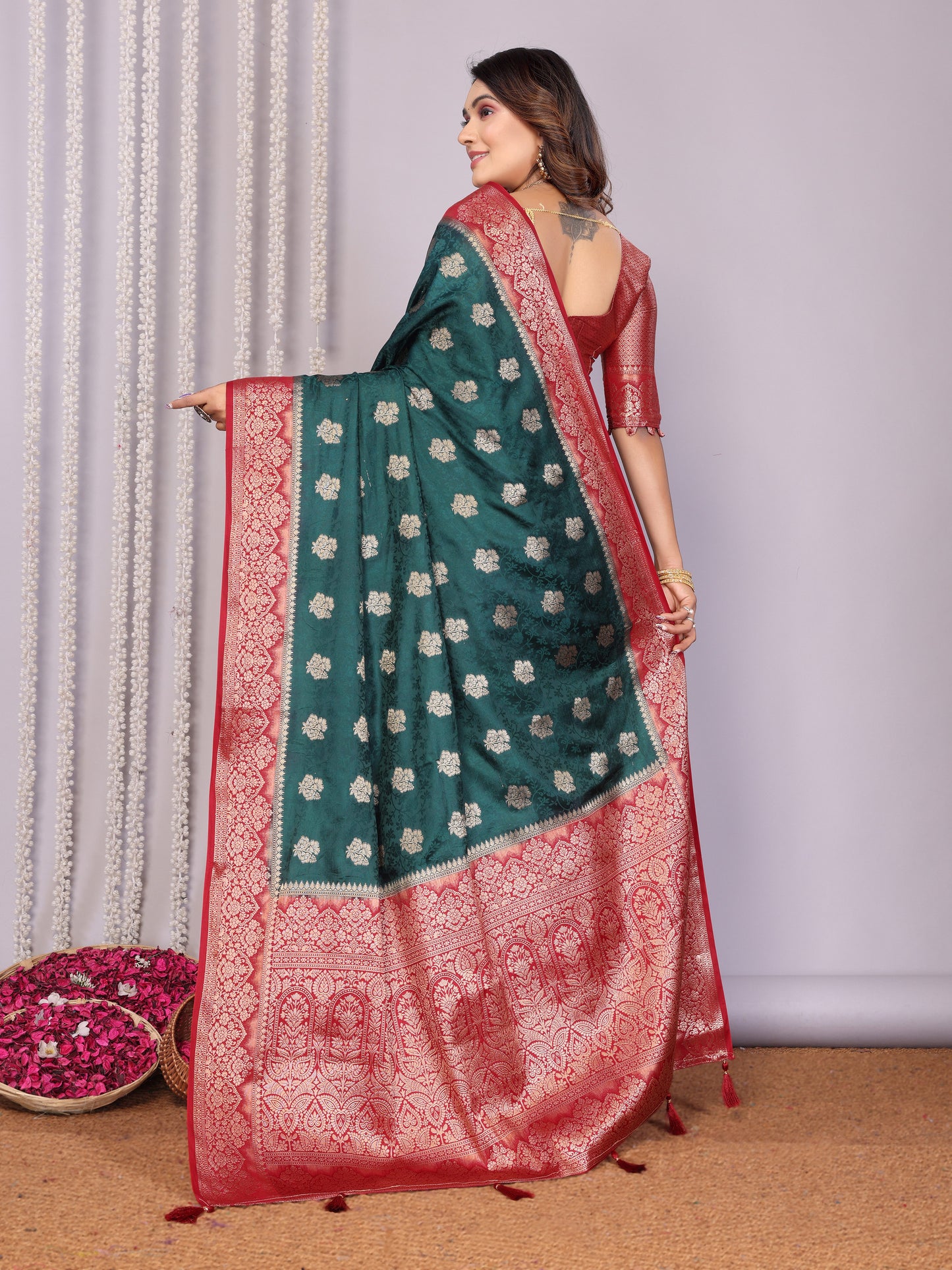 Green Color Exclusive Satin Silk Sarees With All Over Zari Weaving Butta Designs