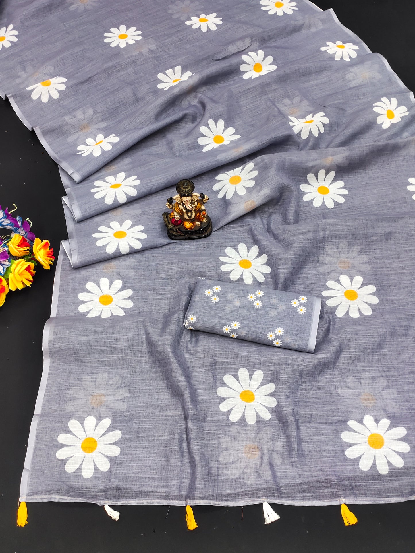 dark Grey Soft Linen Cotton Silk Sarees CHAMPA Flower Print