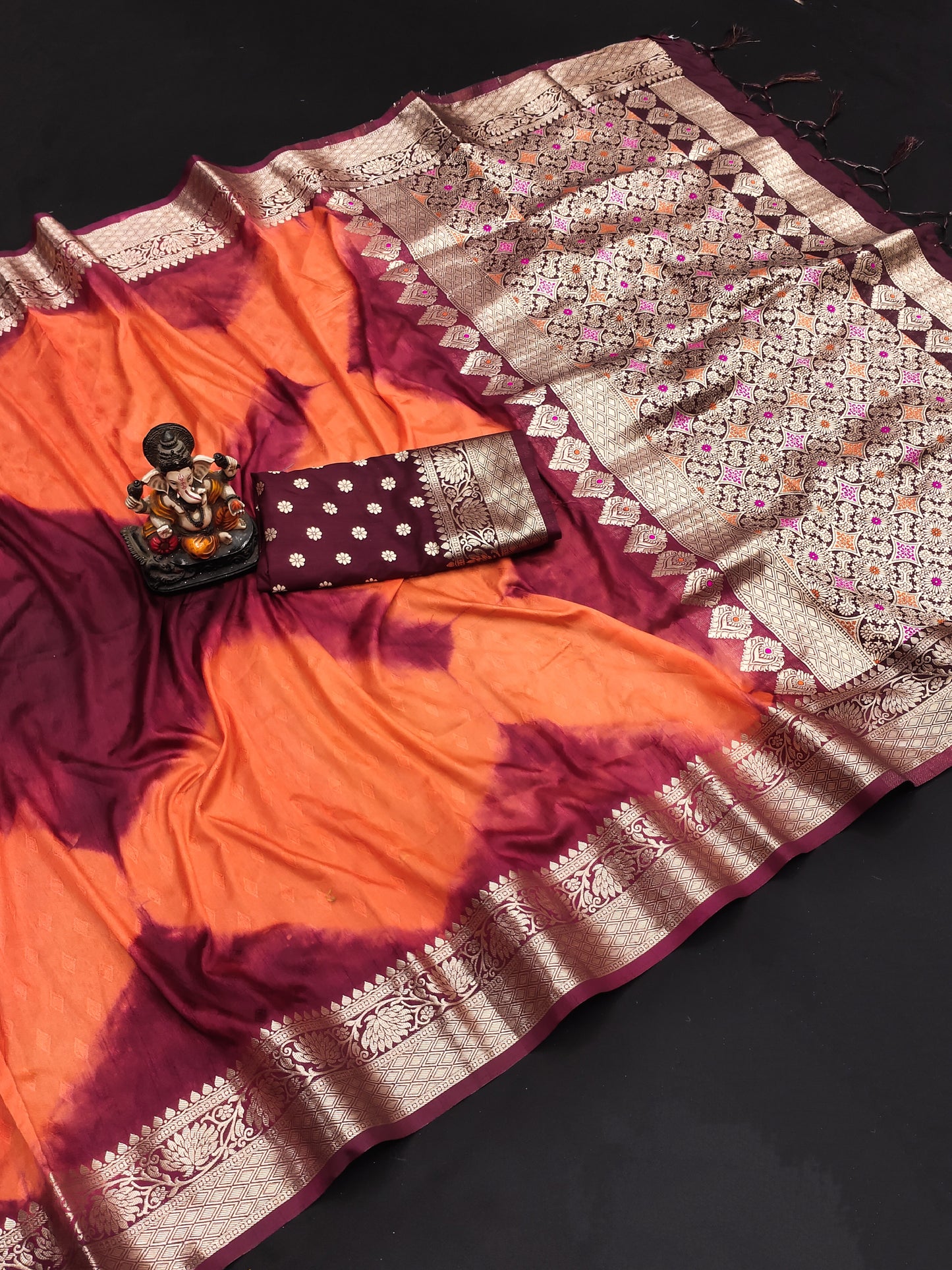 Orange Color High Quality Sibory Print Paithani Silk Saree Zari Gold & Minakari Border