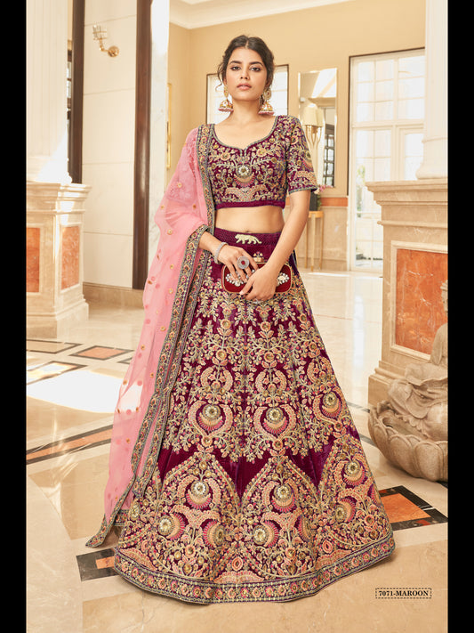 Maroon Color VELVET Thread, Zari, Dori and Sequins Embroidery Work Lehenga Choli