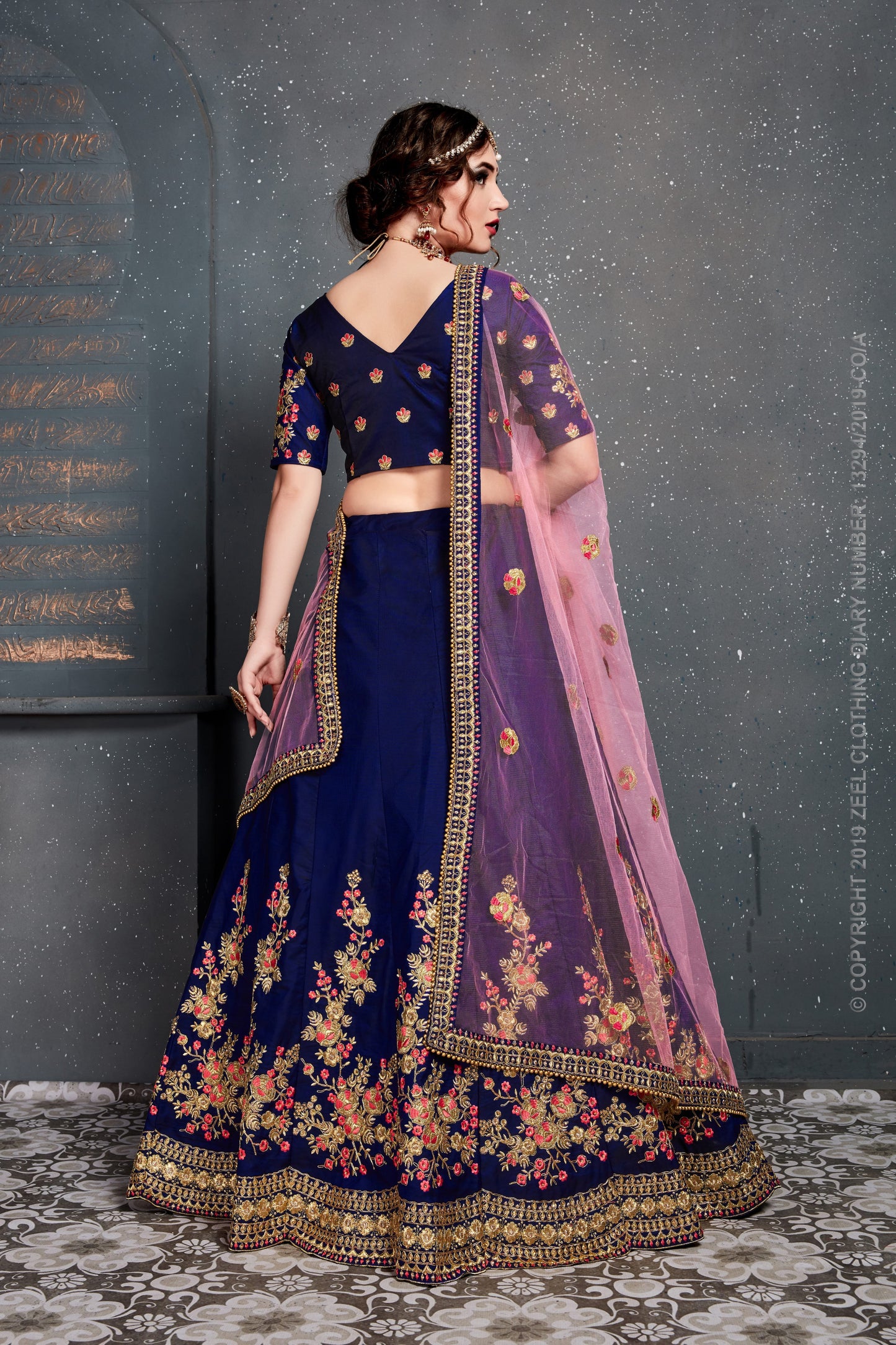 Blue Color Tafeta Satin Silk Thread,Dori, Zari Embroidery With Diamond Work Lehenga Choli
