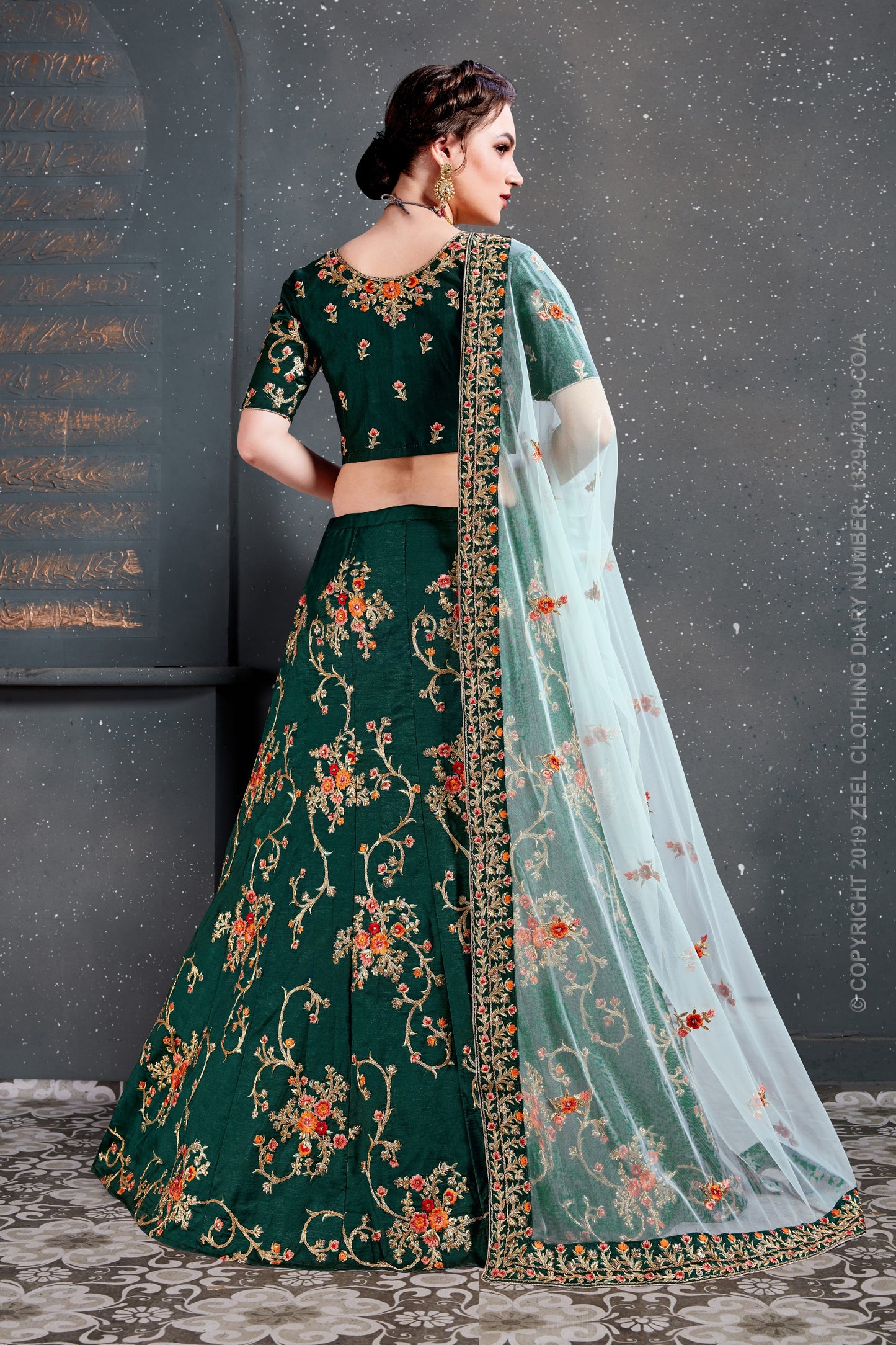Green Color Tafeta Satin Silk Thread,Dori, Zari Embroidery With Diamond Work Lehenga Choli