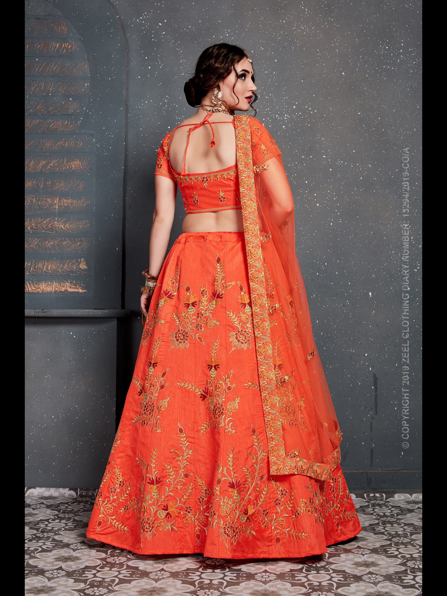 Orange Color Slub Silk Thread,Dori, Zari Embroidery With Diamond Work Lehenga Choli
