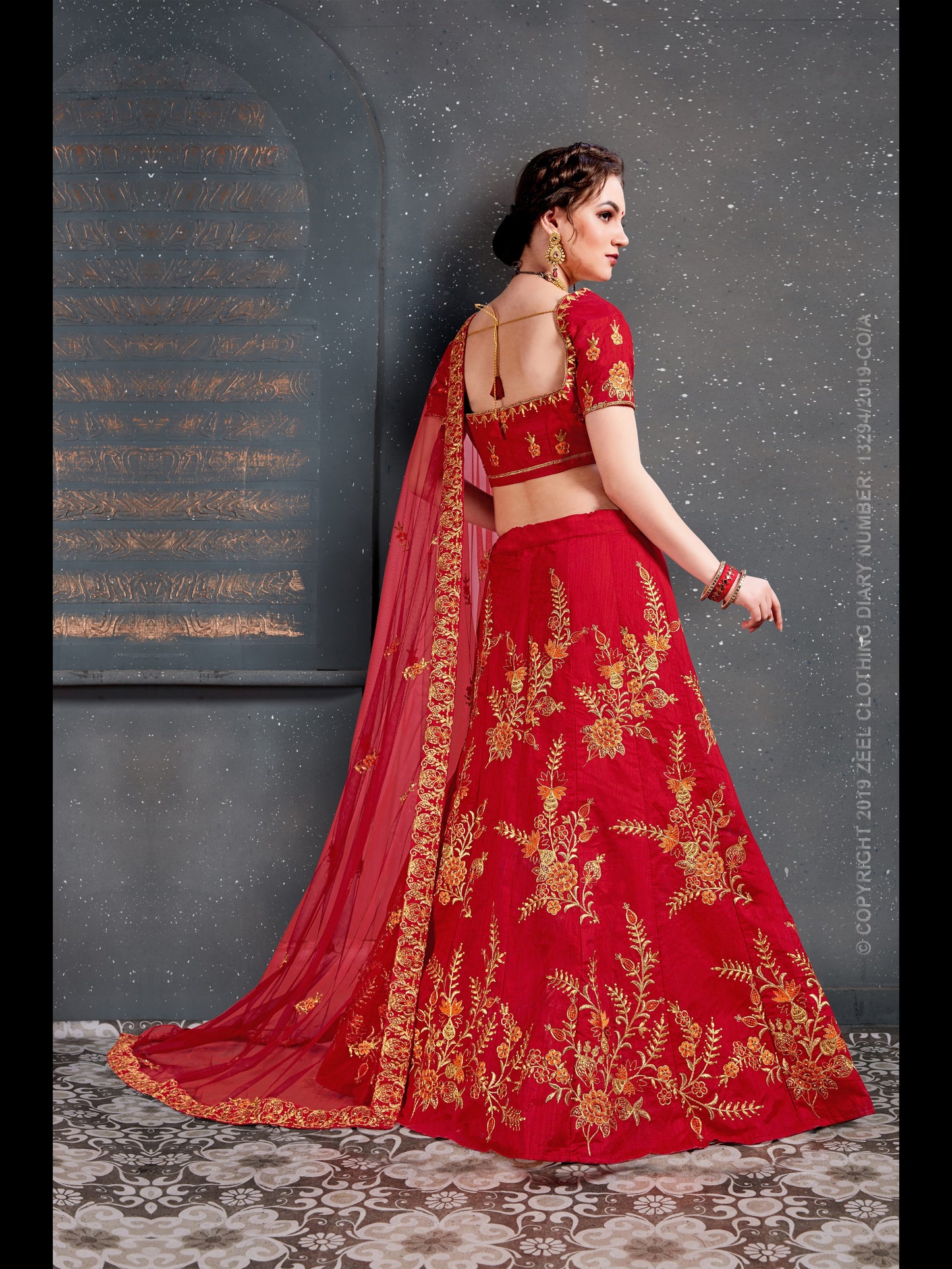 Red Color Slub Silk Thread,Dori, Zari Embroidery With Diamond Work Lehenga Choli