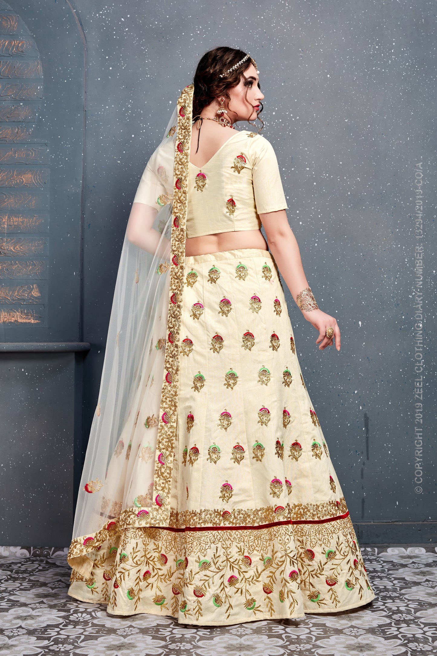 Cream Color Slub Silk Thread,Dori, Zari Embroidery With Diamond Work Lehenga Choli