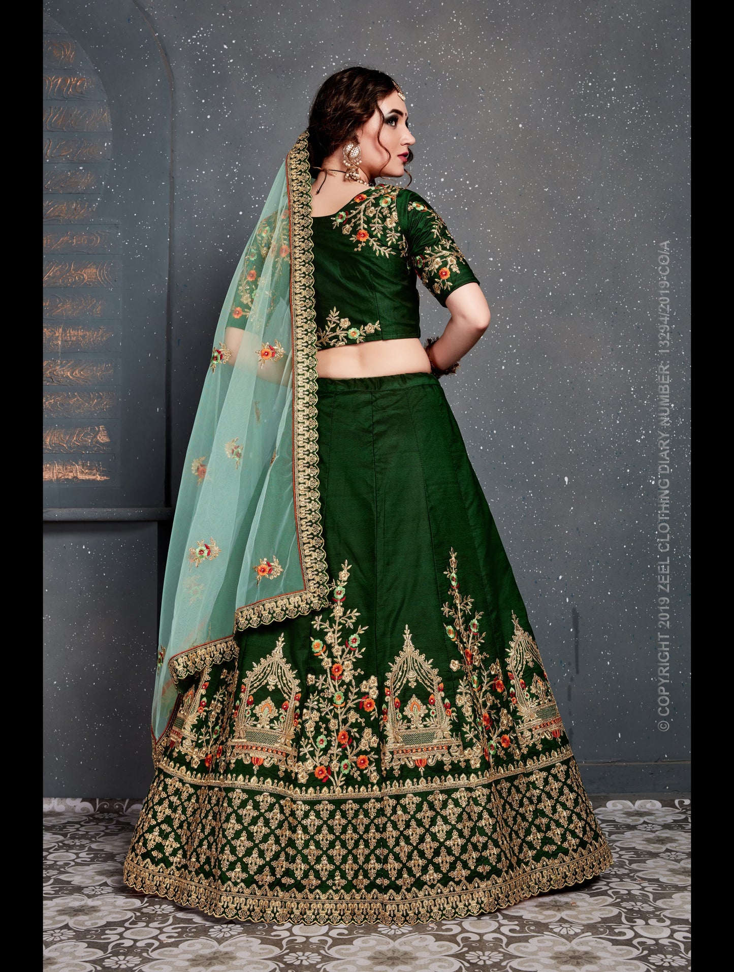Green Color Tafeta Satin Silk Thread,Dori, Zari Embroidery With Diamond Work Lehenga Choli