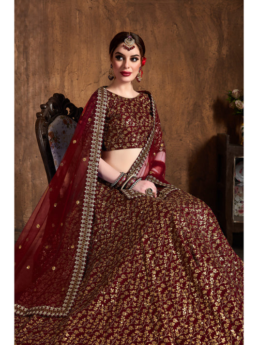 मैरून रंग ज़री और सेक्विन भारी कढ़ाई काम लेहेंगा चोली