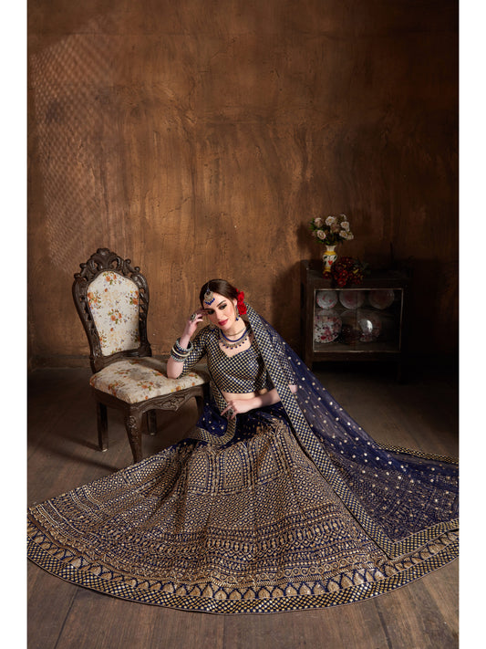 नेवी ब्लू रंग ज़री और ग्लिटर सेक्विन कढ़ाई लहंगा चोली