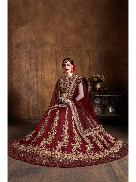 मैरून रंग डोरी और सेक्विन कढ़ाई लहंगा चोली