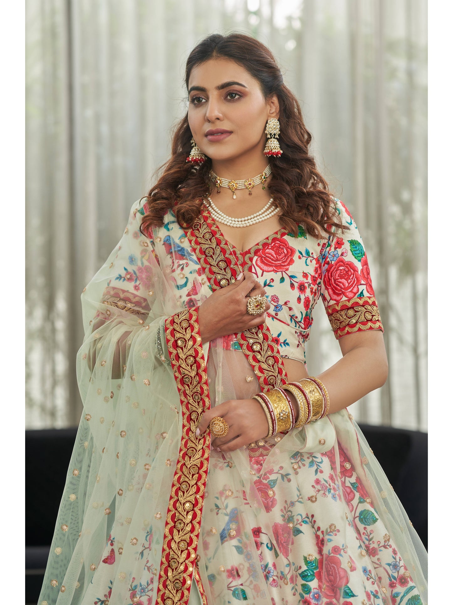 White-pink Color Digital Print With Dori, Sequins and Stone Work Lehenga Choli